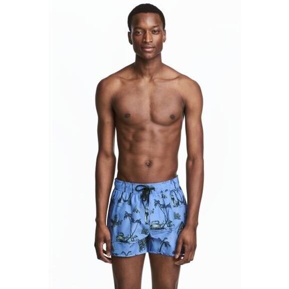 H&M Men's‎ Swim Shorts Sz M Light Blue Palm Tree Drawstring Elastic Waist Lined - Picture 1 of 6